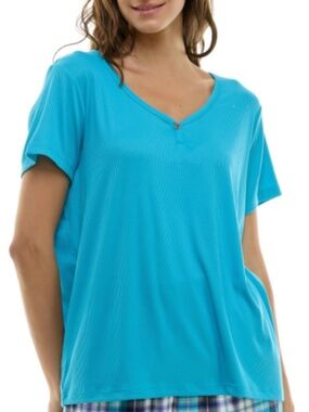 Roudelain Women's Short-Sleeve Ribbed Henley Sleep Top - Maui Blue, XS